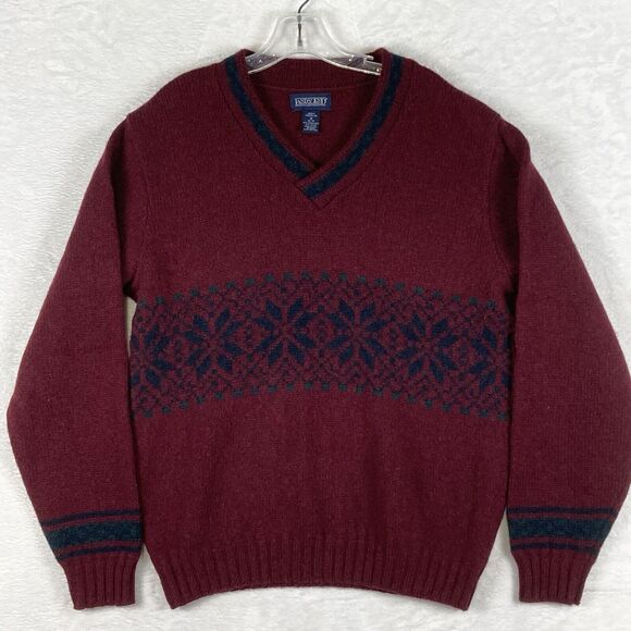 VTG 80s Lands End Wool V-Neck Sweater Mens M Red Burgundy Fair Isle Nordic USA - Picture 1 of 7